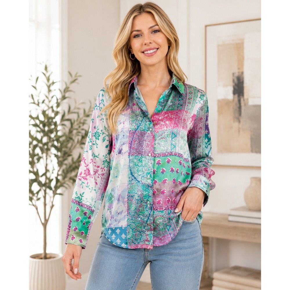 INDUSTRY Patchwork Printed Satiny Button Down Shirt Multicolored Small